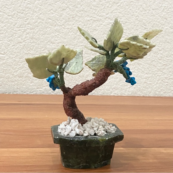 Vintage Carved Semi-Precious Stone Faux Turquoise Buds Bonsai Miniature Tree - Picture 8 of 12
